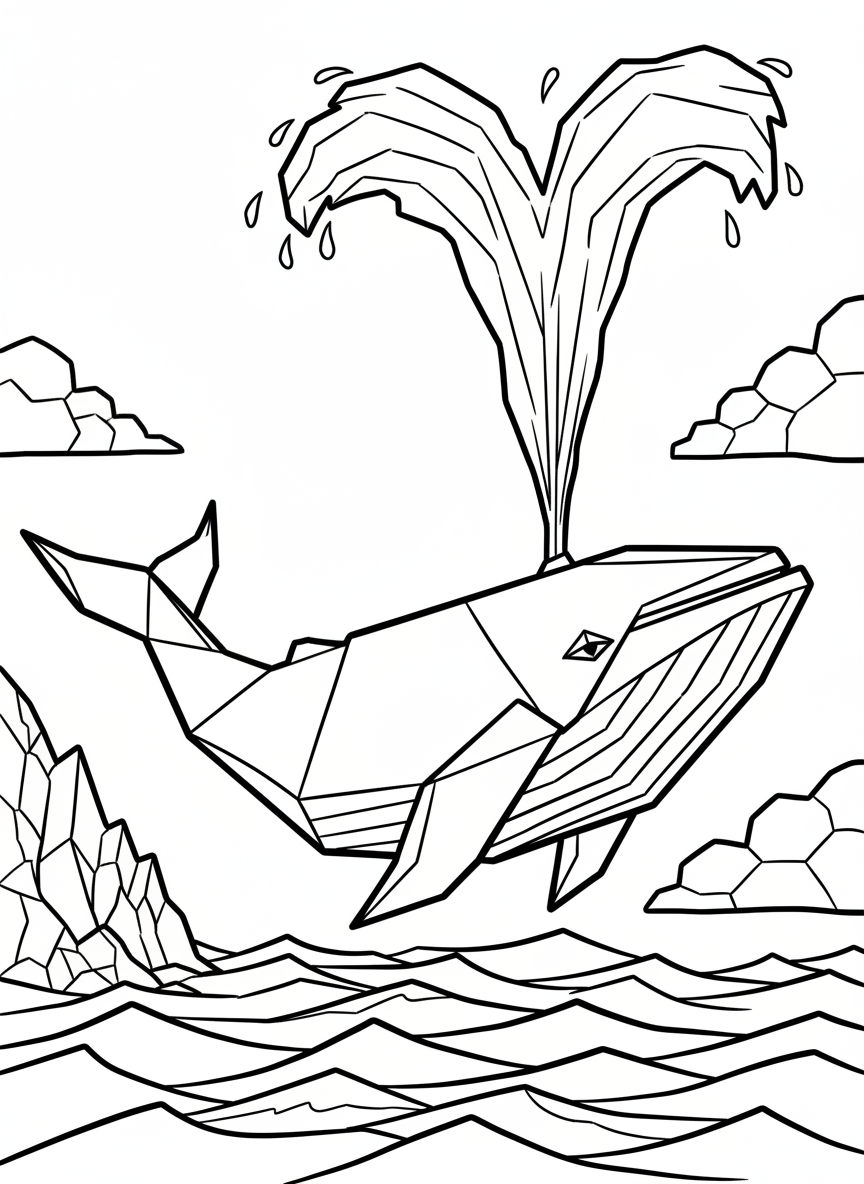 A large origami blue whale with water spout made of zigzag paper folds, simple and majestic composition