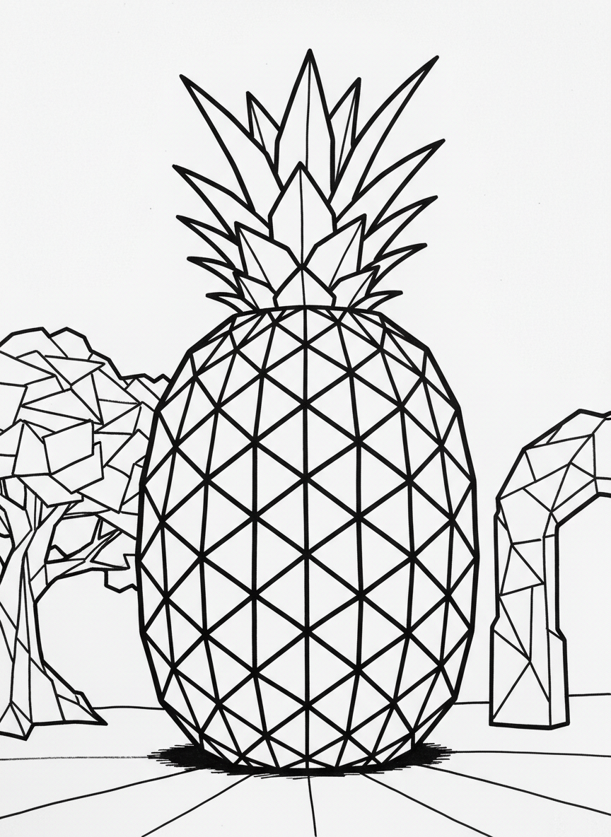 A detailed origami pineapple showing crosshatch paper fold pattern, spiky angular leaves at top, standing upright