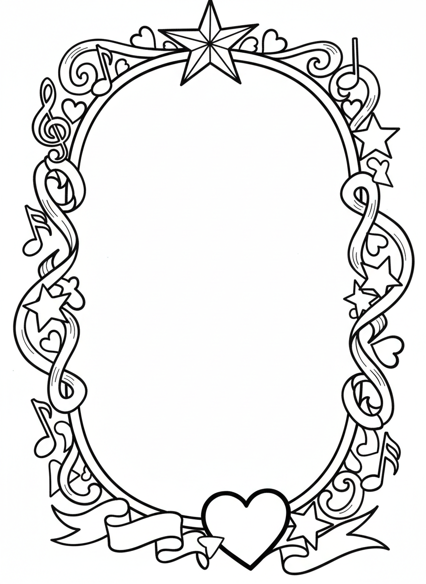 A decorative border frame featuring stars, hearts, musical notes, and flowing ribbons, empty center for personalization