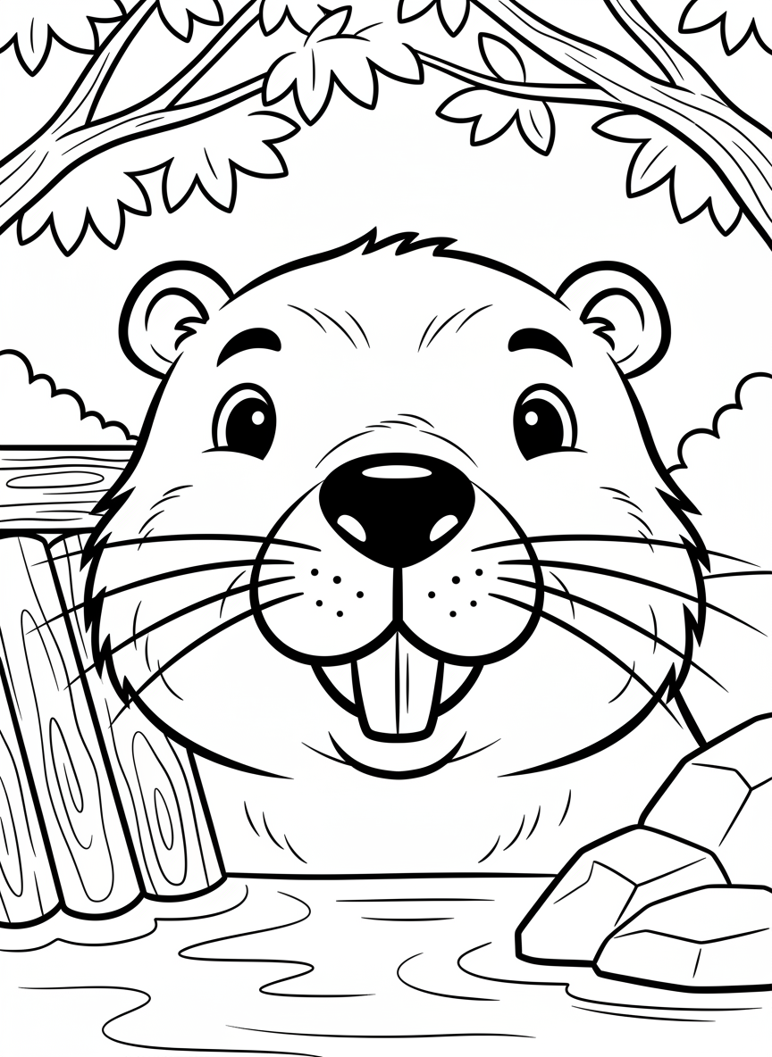 Close-up of a friendly beaver's face with large front teeth, whiskers, and round ears, perfect for young children to color