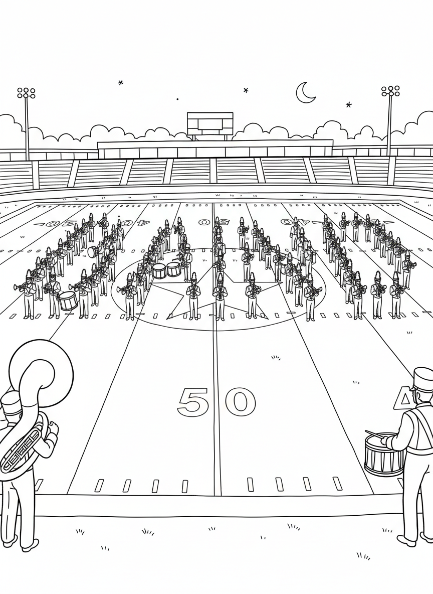 A marching band performing on a football field during halftime, musicians with instruments in formation spelling out letters.
