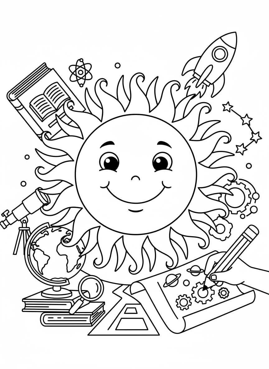 The sun drawn as a friendly smiling face with solar flares and prominences around its edges, educational and fun