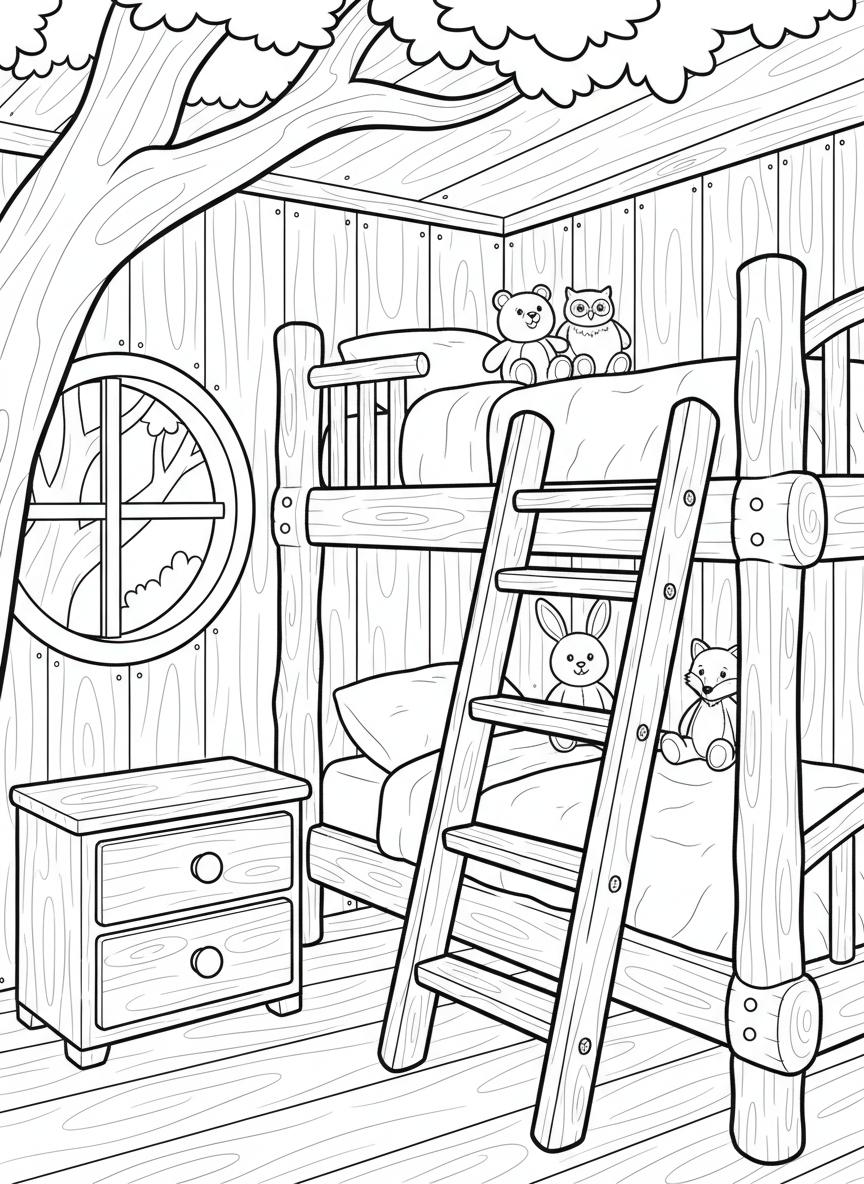 Treehouse bunk bed room with two stacked beds, a ladder, small dresser, and stuffed animals on the beds.