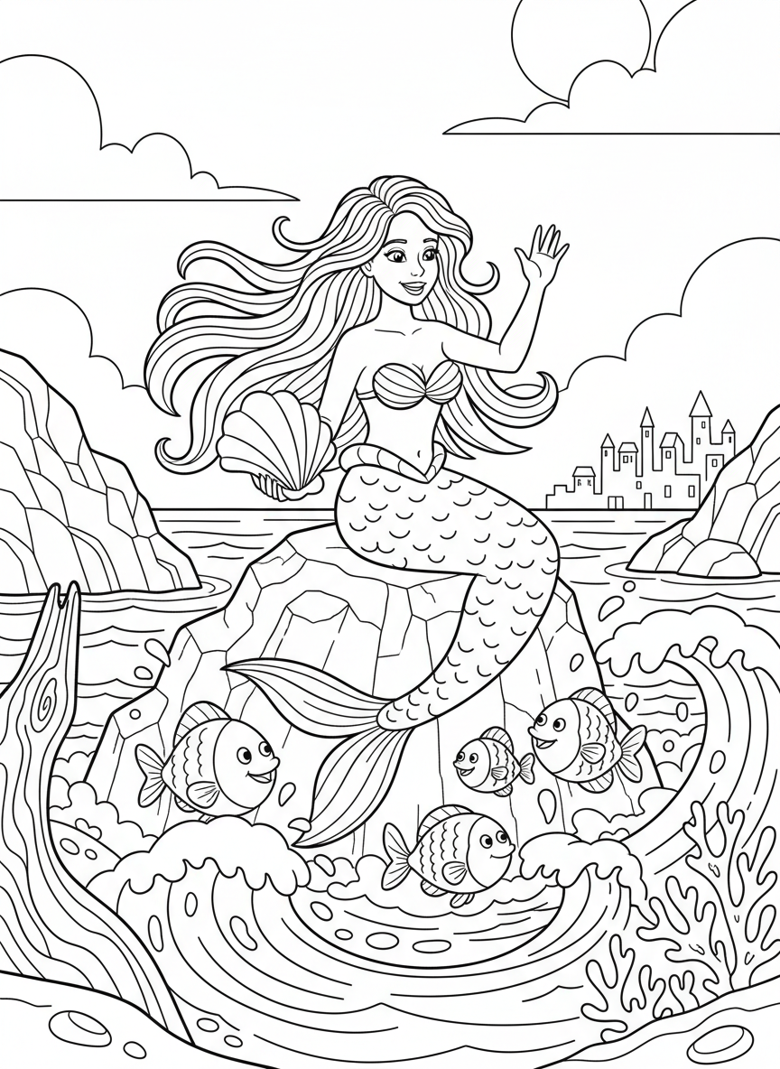 A mermaid with long flowing hair sitting on a rock by the ocean, holding a seashell and waving to friendly fish swimming around.