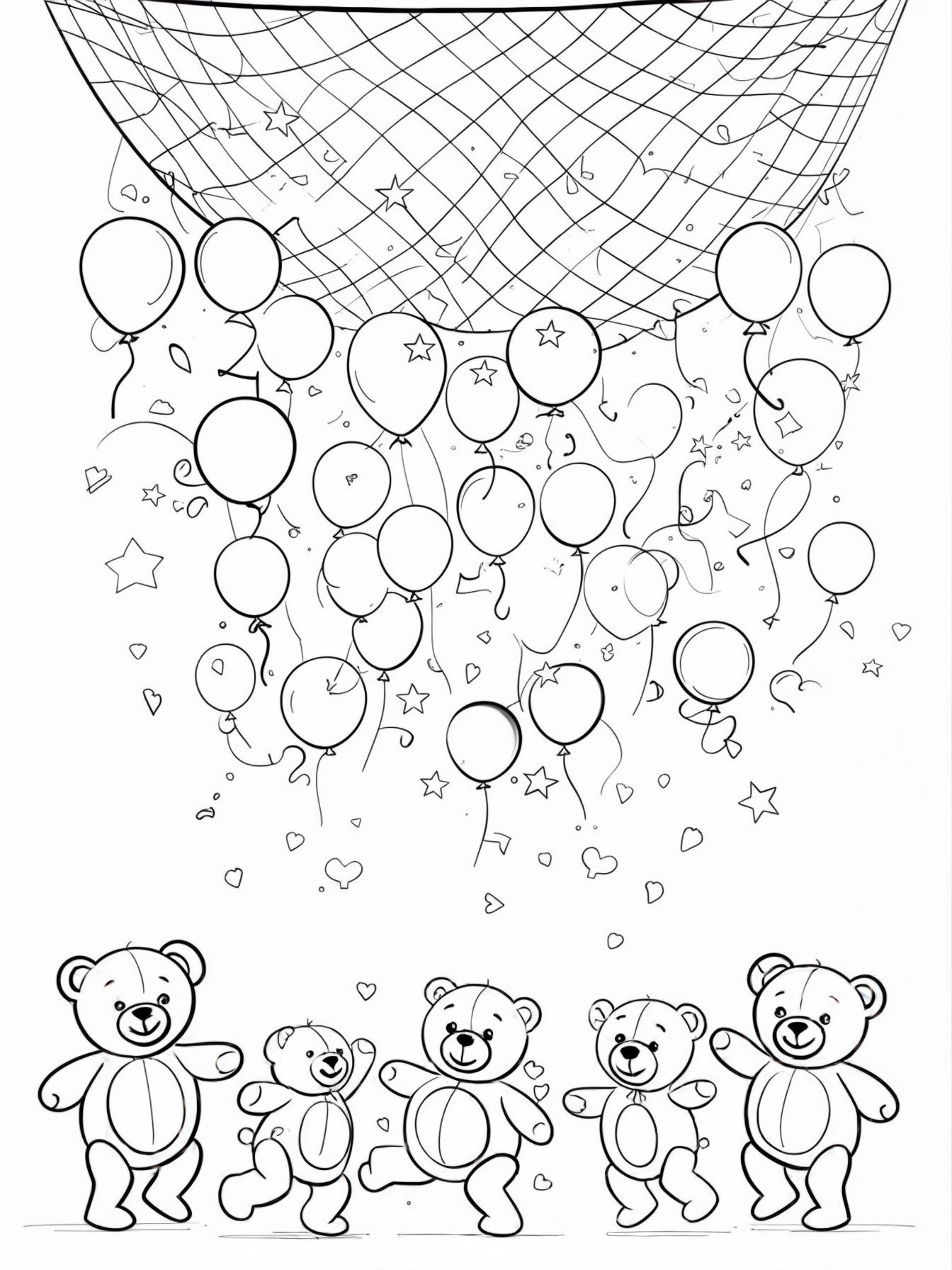 Balloon Drop: A ceiling net releasing dozens of balloons of different shapes for NEw Years Eve (stars, rounds, hearts) raining down on a group of happy, dancing teddy bears.