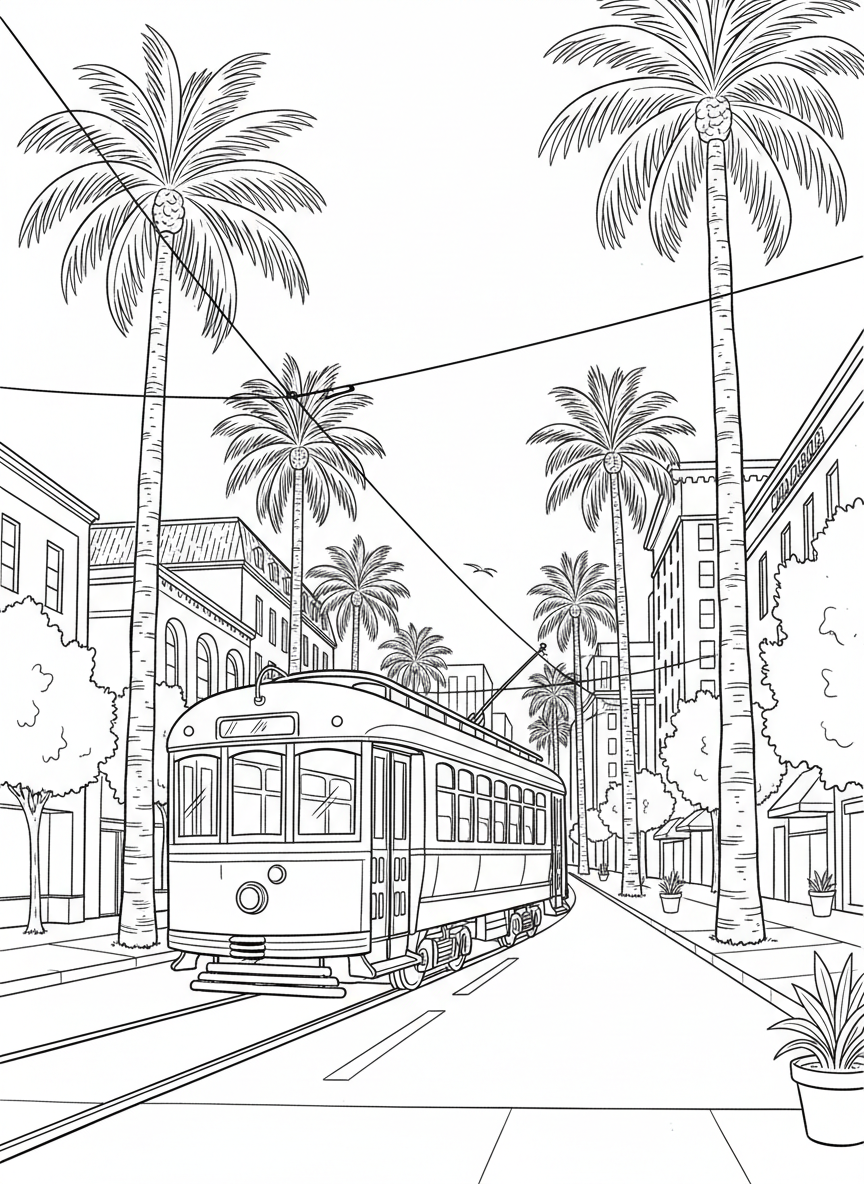 A classic yellow trolley car traveling down a palm tree-lined street in downtown Los Angeles