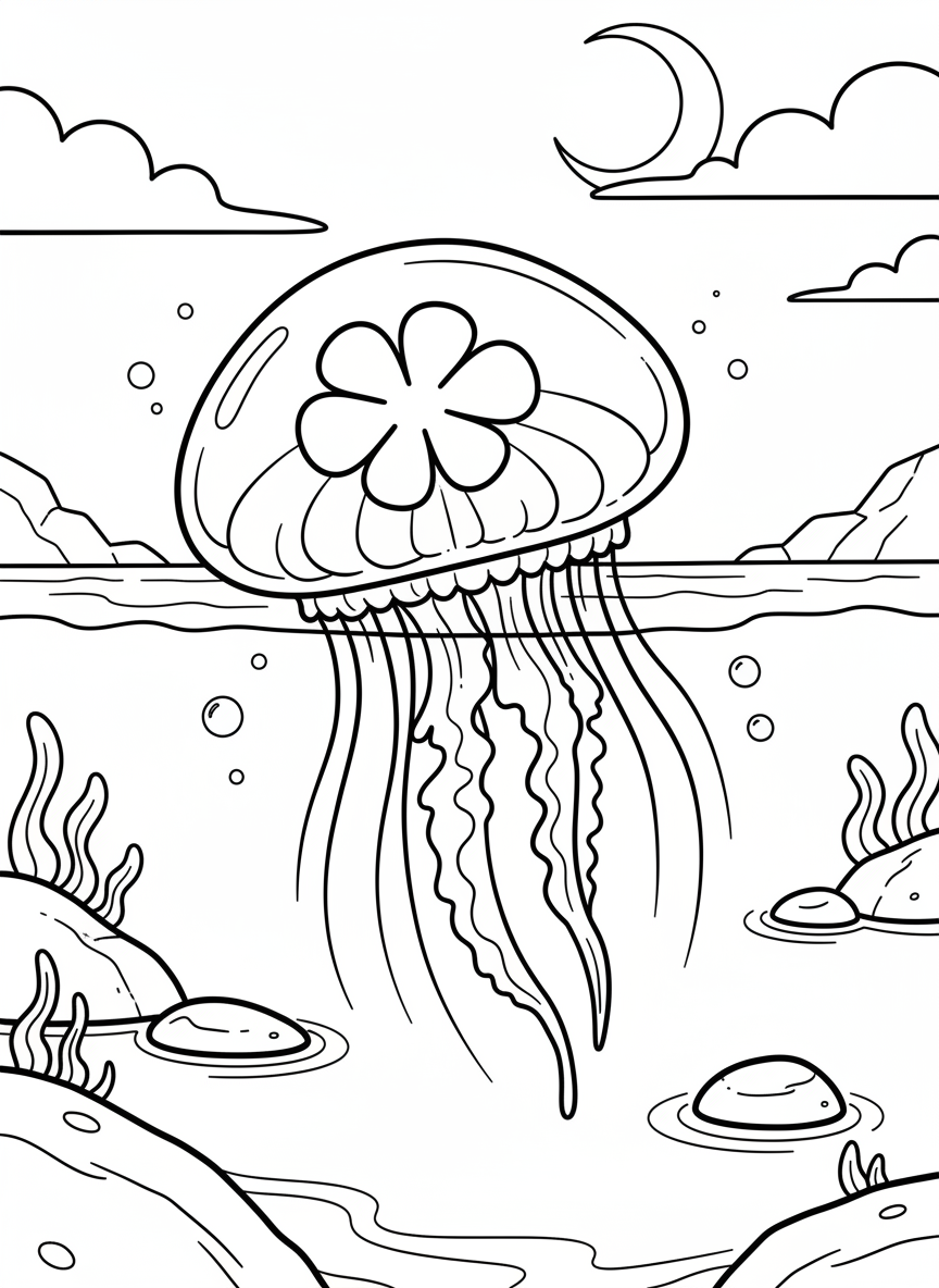 Moon jellyfish with a distinctive four-leaf clover pattern visible inside its transparent bell, short frilly tentacles, drifting near tide pool surface.