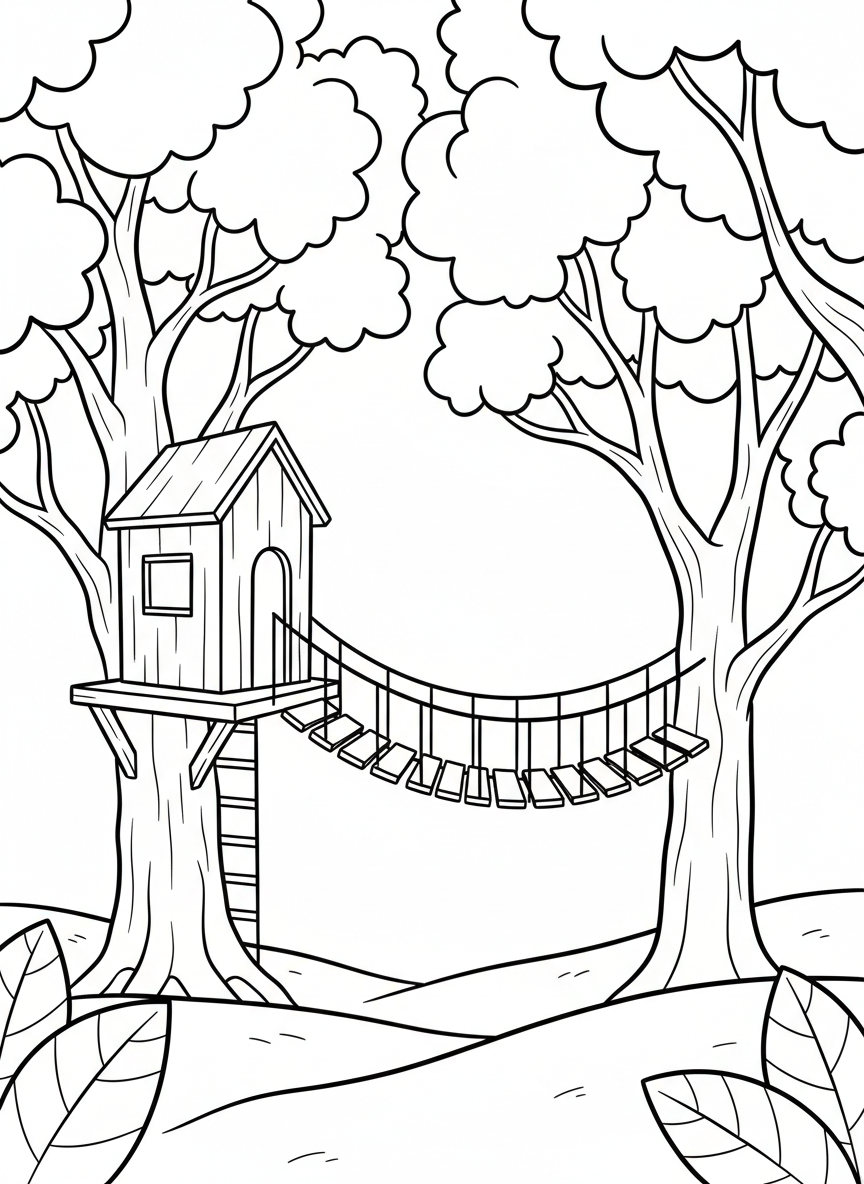 A simple treehouse with a straight rope bridge connecting to another tree, large leaves in the background, easy outlines for young children