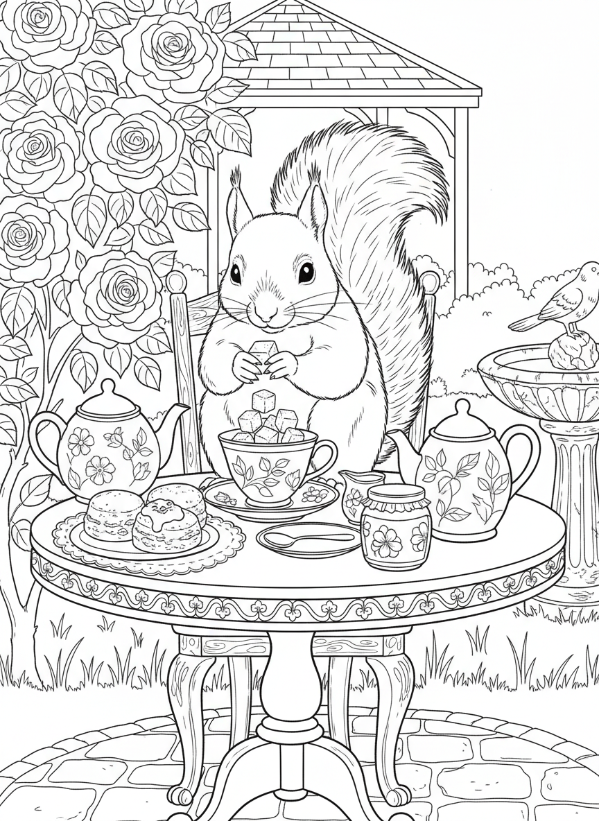 A squirrel adding sugar cubes to a teacup while sitting at a table with scones and jam, detailed tea time