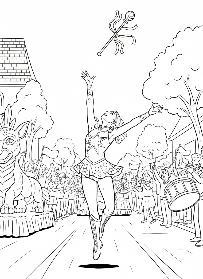 A baton twirler in mid-performance tossing a decorated baton high in the air, wearing a sparkly costume during the parade.