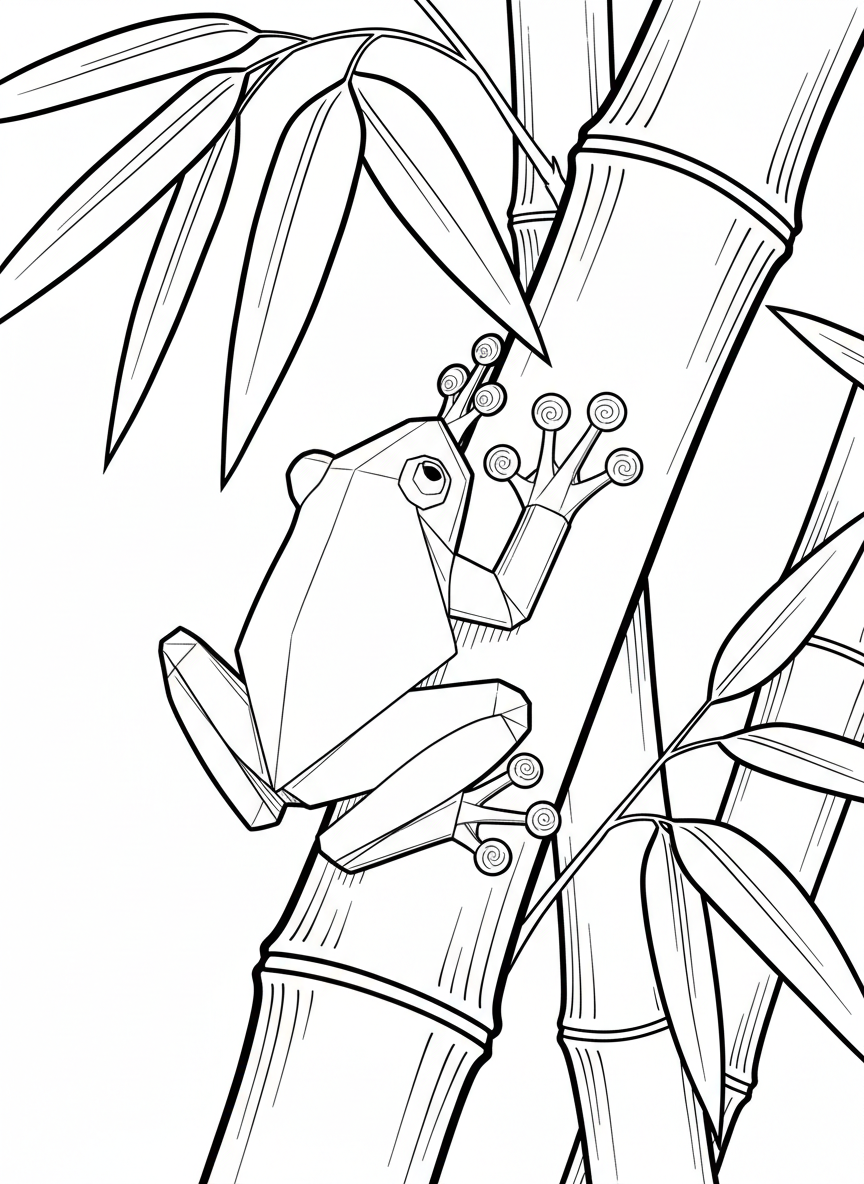 An origami tree frog clinging to a bamboo stalk, showing detailed toe pads made of small triangular folds