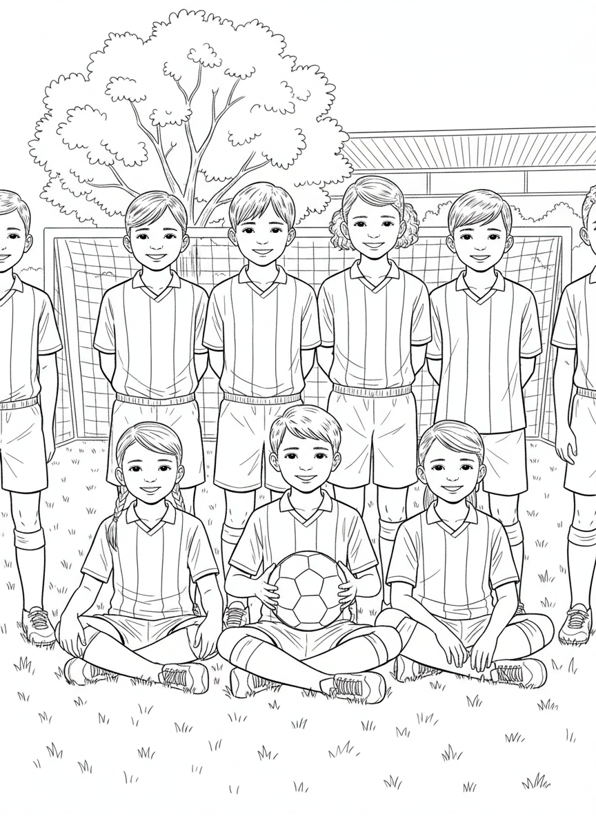 A group of diverse kids in matching soccer uniforms standing in a team photo formation, holding a soccer ball