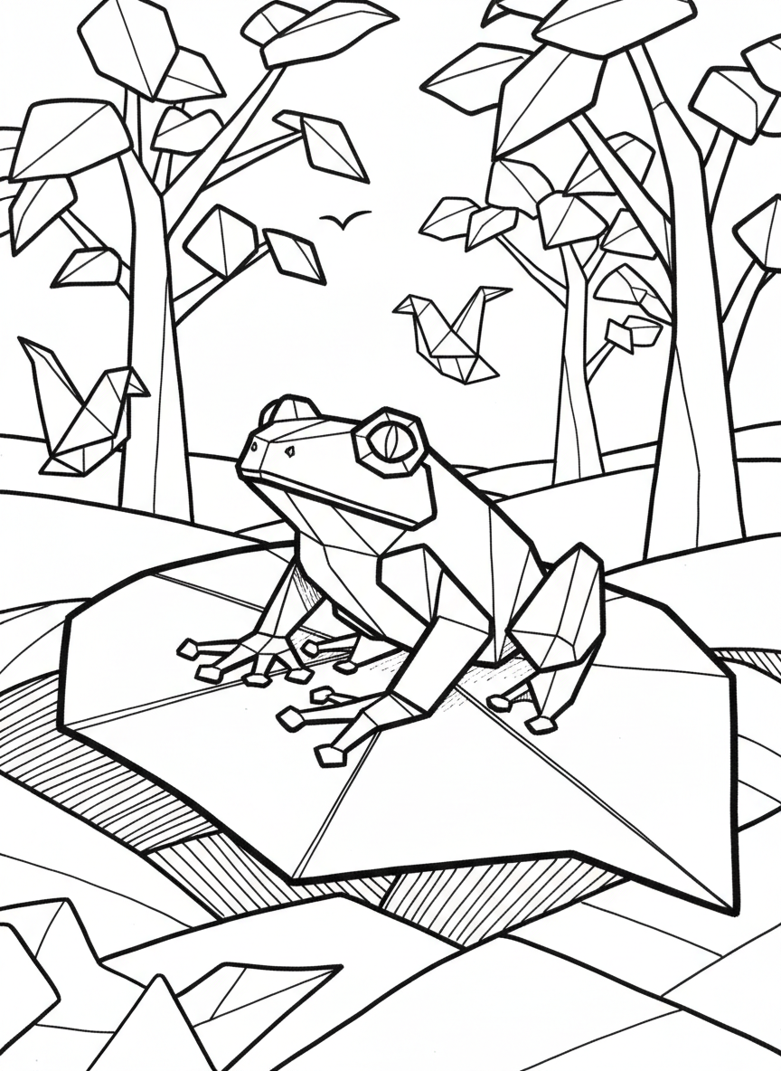 An origami tree frog with angular legs spread out, sitting on a large paper-folded leaf, showing geometric body segments.