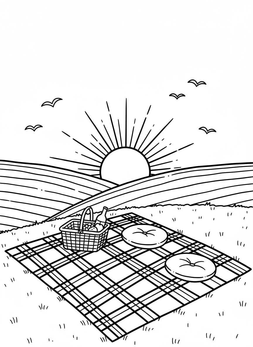 A sunset picnic scene with a blanket on a hill, a basket, and the sun setting behind rolling hills with birds flying overhead.