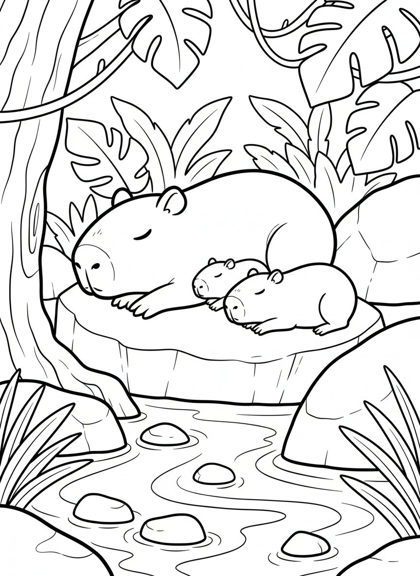 A family of capybaras resting by a rainforest stream, with their rounded bodies, small ears, and peaceful expressions.