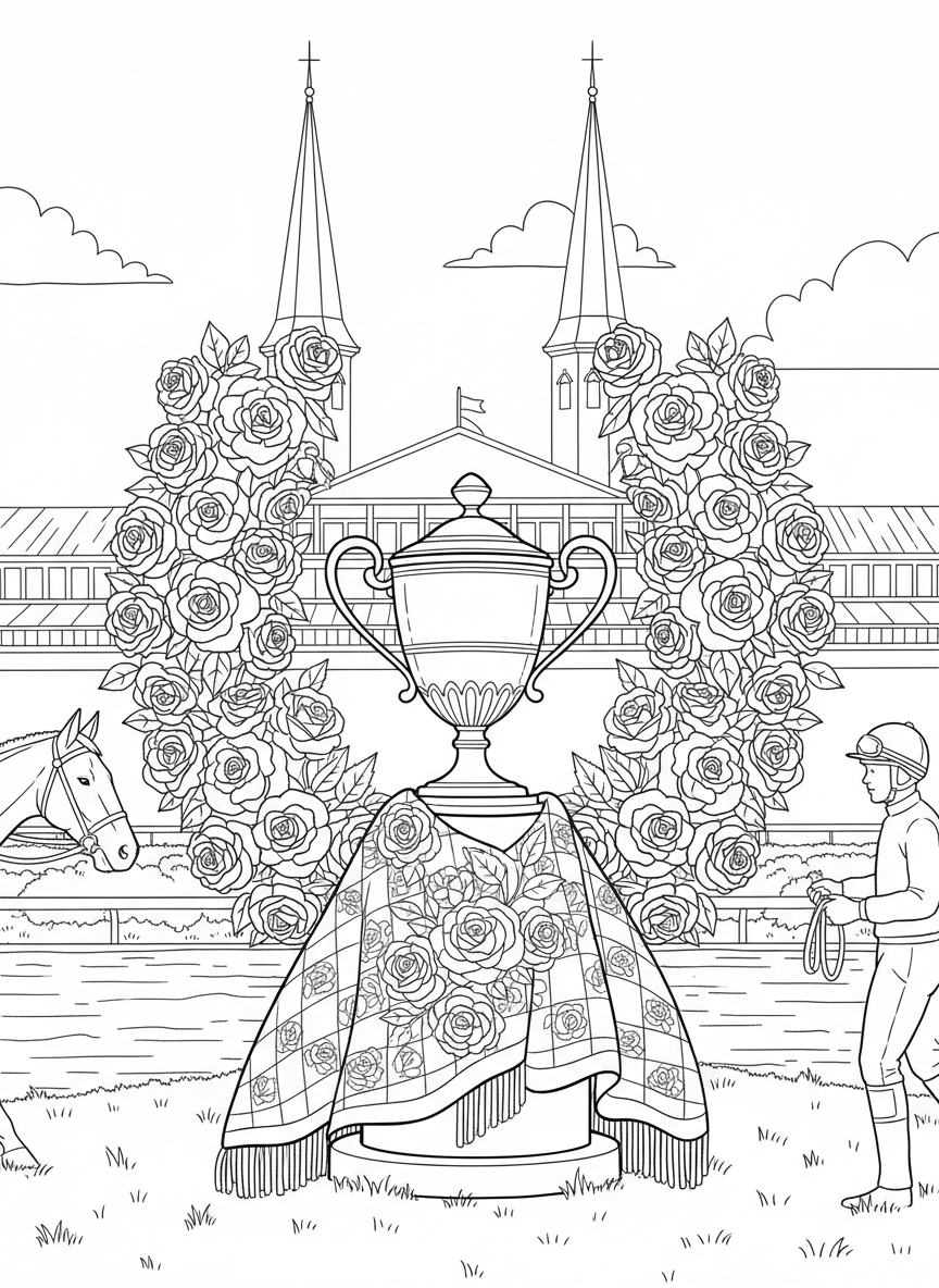 A beautiful garland of red roses arranged in a horseshoe shape, the traditional prize for the Kentucky Derby winner.