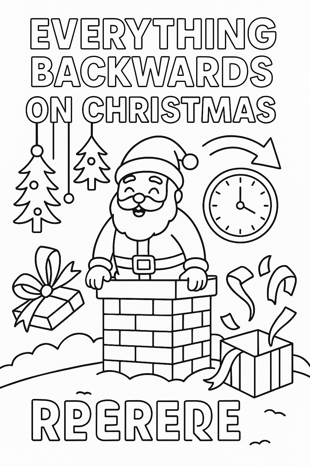 Everything backwards on Christmas, trees growing down, Santa going up chimney, presents unwrapping themselves, time reverse, thick line art, opposite day holiday