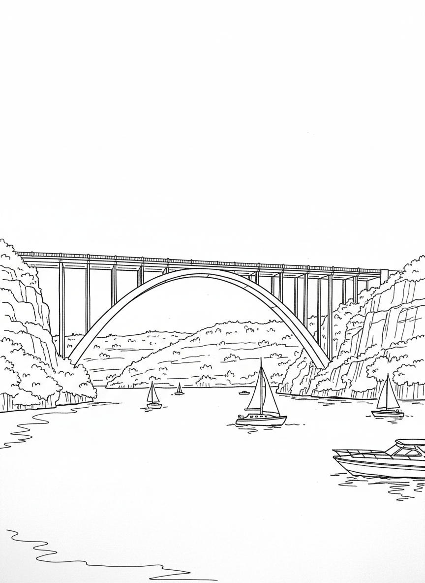 The Pennybacker Bridge (360 Bridge) arching over Lake Austin with boats below and hills in background, architectural landmark
