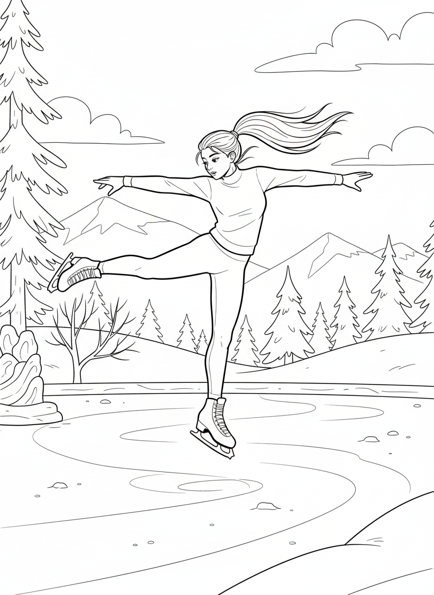 A young figure skater practicing a jump on outdoor ice, ponytail flying, one leg extended, winter landscape behind her.