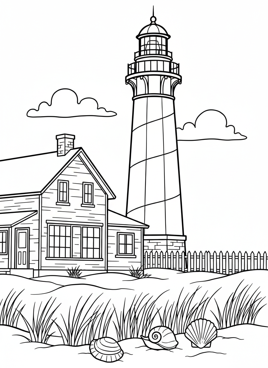 A lighthouse keeper's cottage at Jacksonville Beach with a tall striped lighthouse, beach grass, and seashells in the foreground
