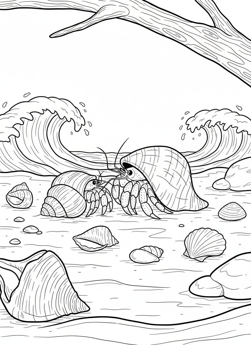 A hermit crab changing shells, with several empty shells nearby on the sand and small waves in the background.