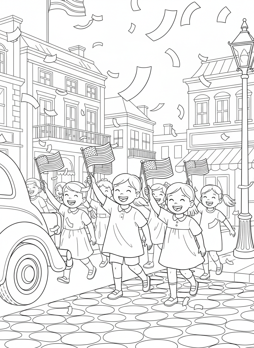 Children waving small American flags during a parade, with confetti falling around them and happy expressions on their faces.