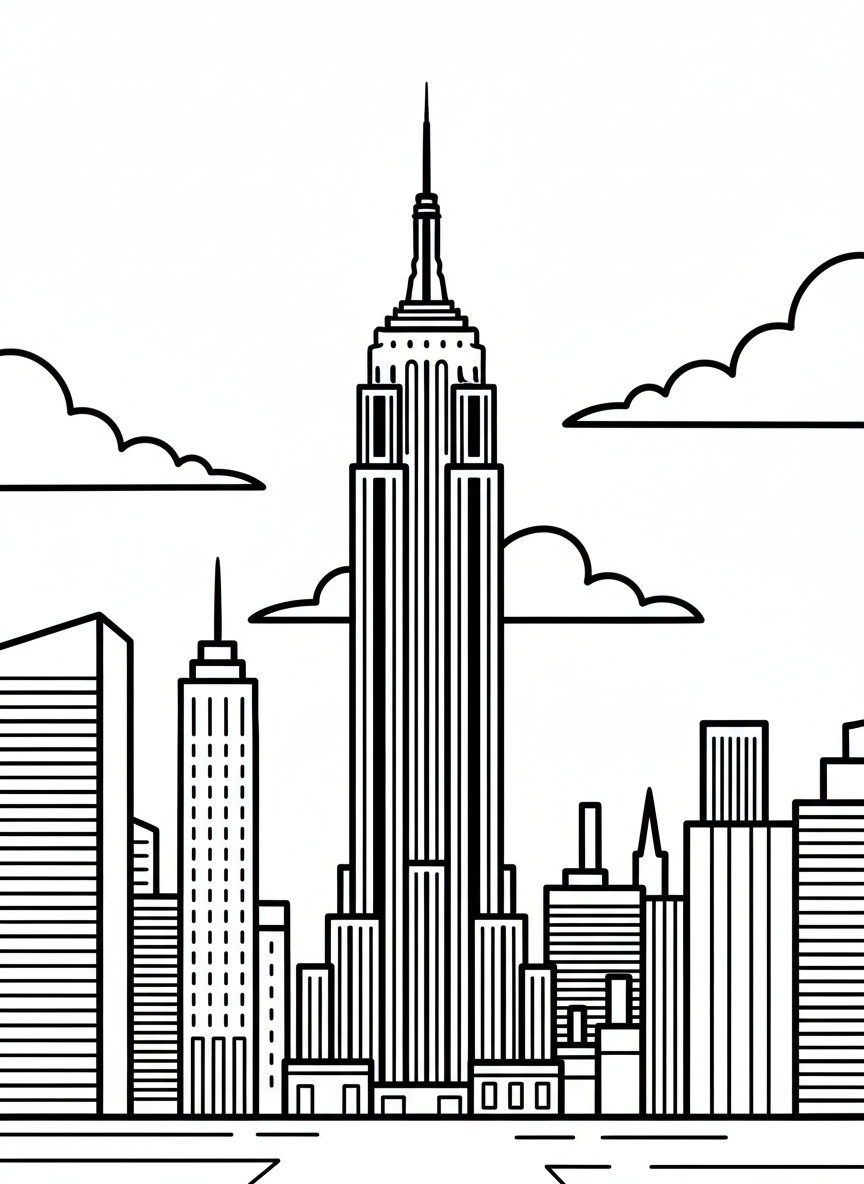 New York City skyline with the Empire State Building prominently featured among other skyscrapers, simple geometric shapes, daytime scene with clouds.