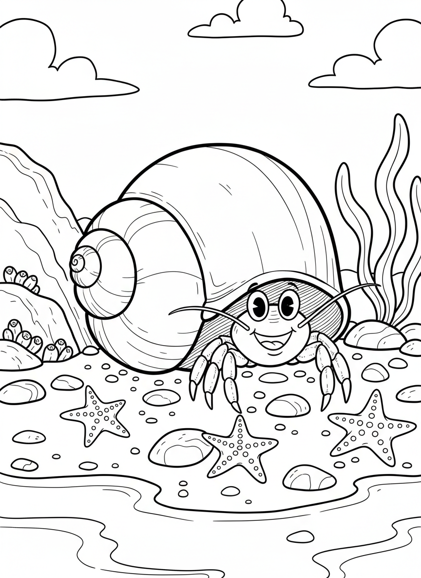 A cheerful hermit crab peeking out from a large spiral seashell, surrounded by small pebbles and starfish in a tide pool.