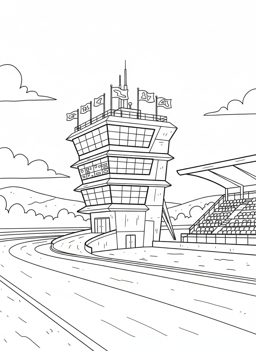 A race control tower overlooking a Formula One circuit, with flags and timing screens visible on the building.