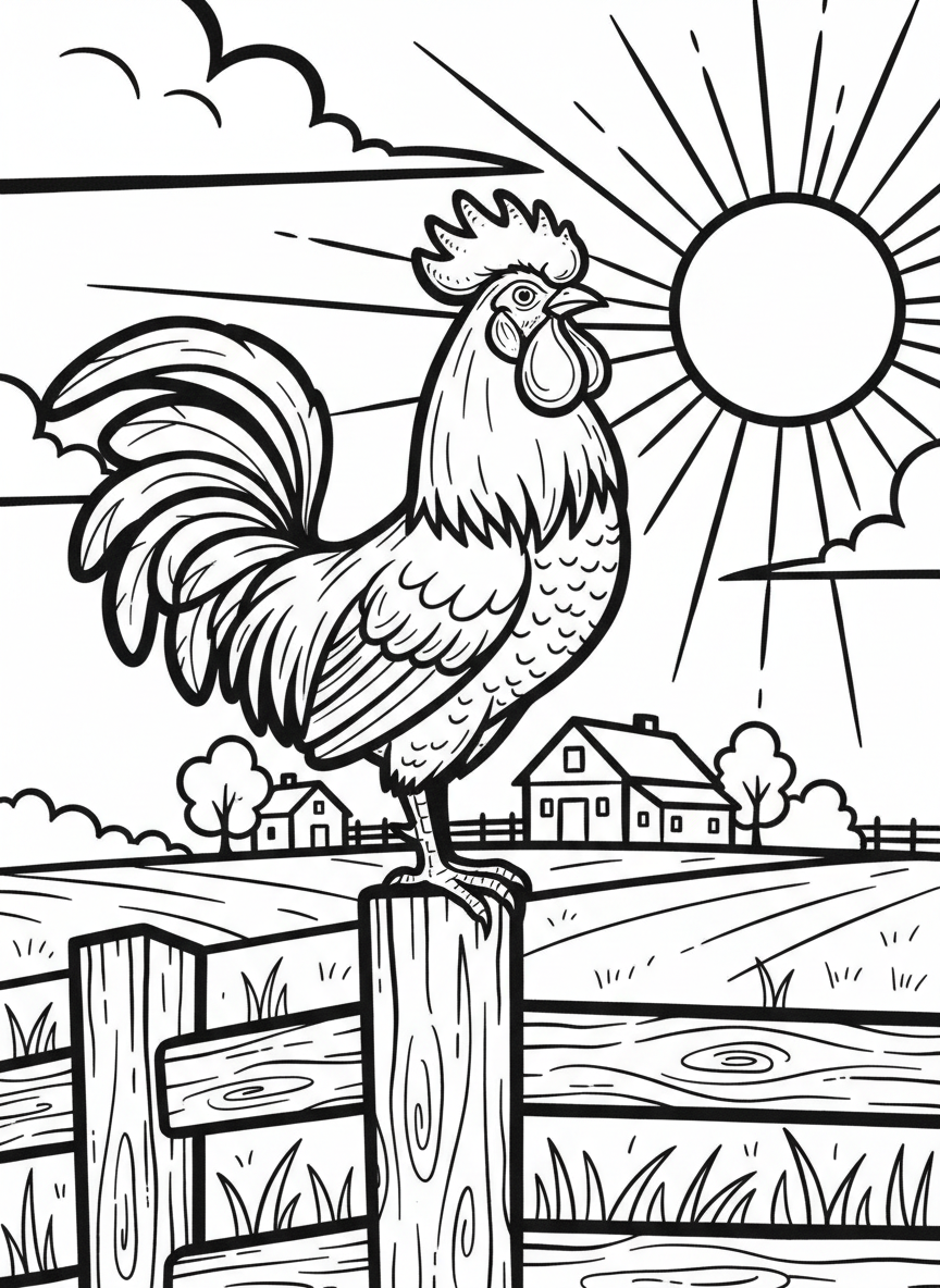 A rooster perched on a wooden fence post at sunrise with a farmhouse silhouette in the background, bold line art.