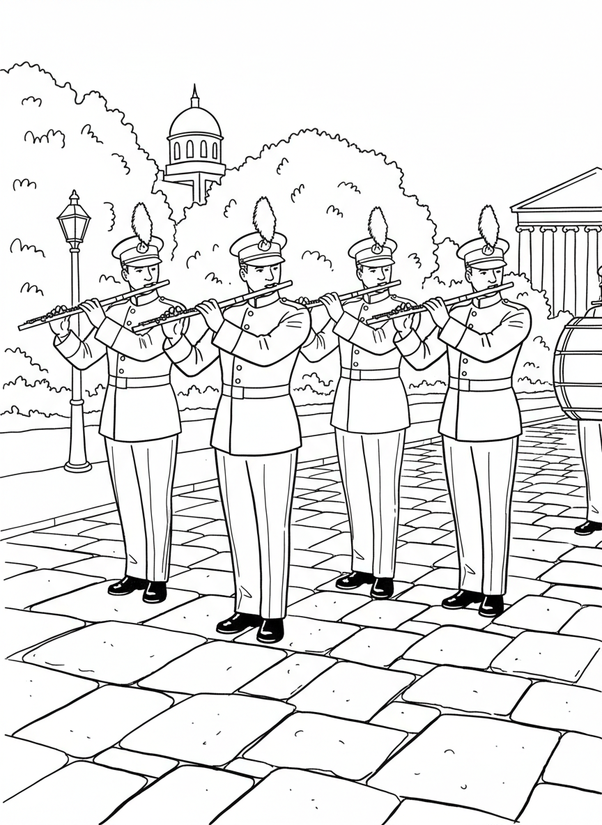A flute section of four musicians marching in perfect formation, all holding their flutes identically.