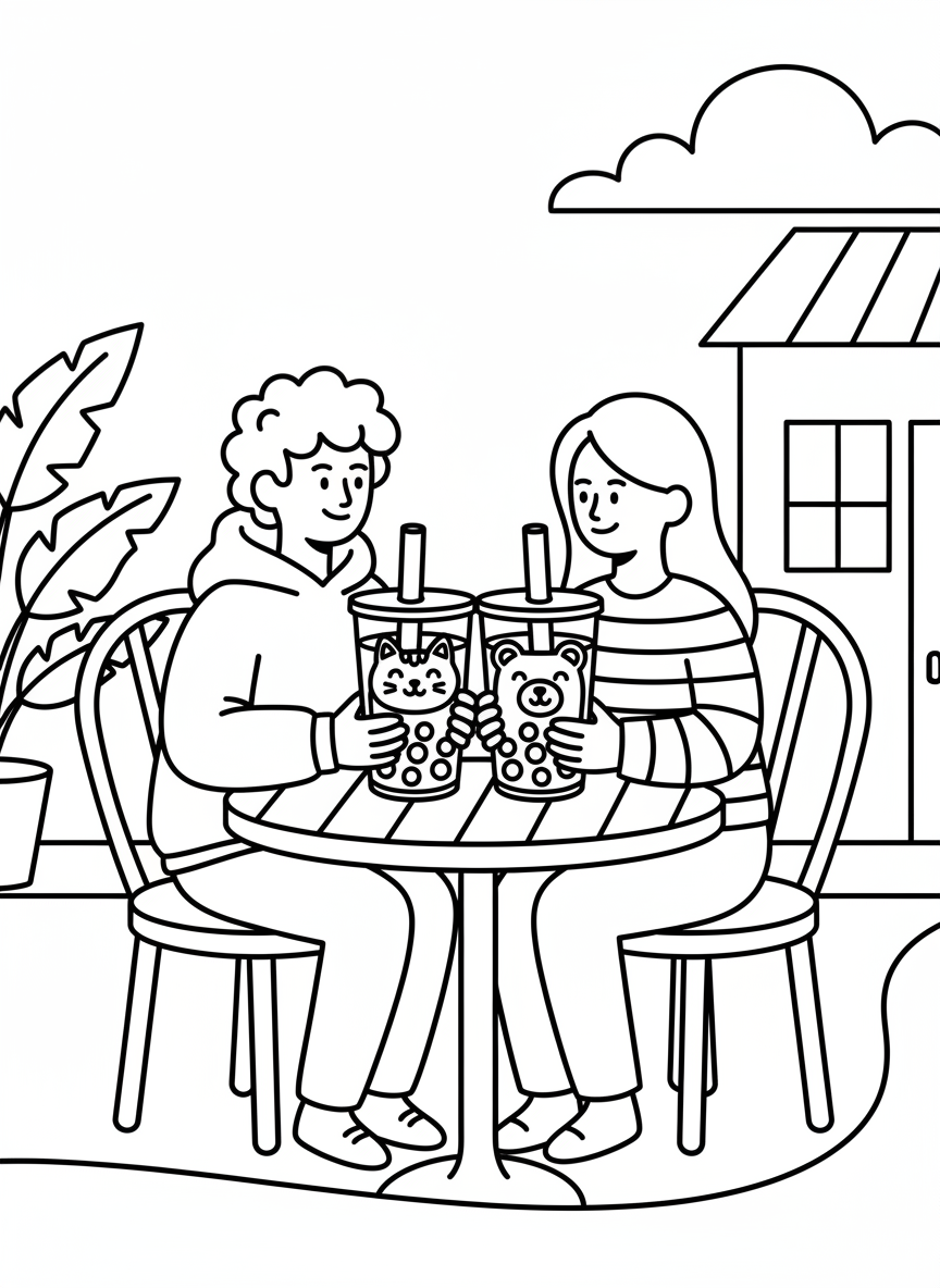Two friends sharing bubble tea drinks at a small table with straws, cups have cute animal faces printed on them