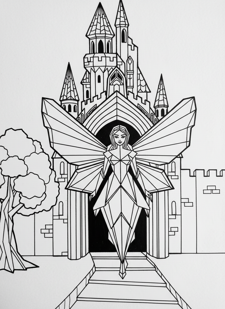 A detailed origami fairy with intricate geometric dress and wings standing at the entrance of an elaborate paper castle