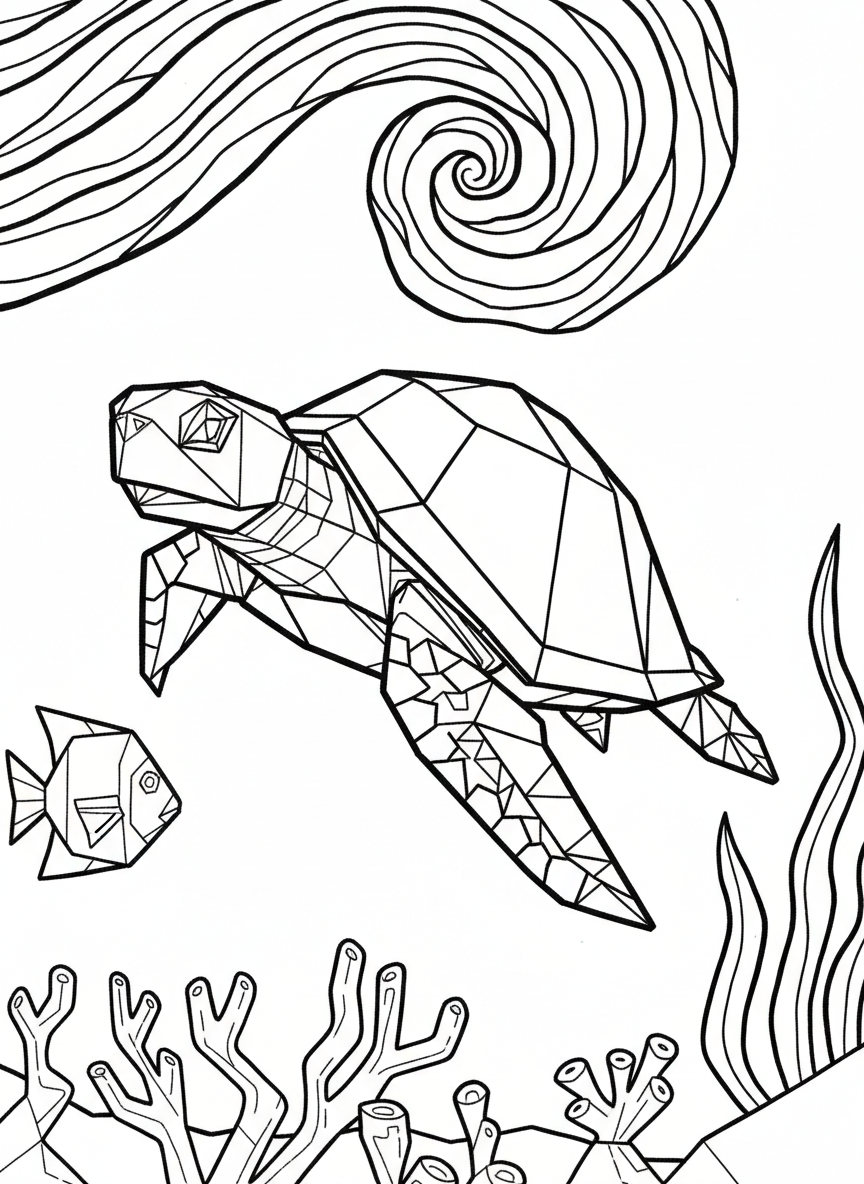 An origami sea turtle swimming forward, featuring geometric shell patterns made of triangular and diamond shapes with visible fold lines.