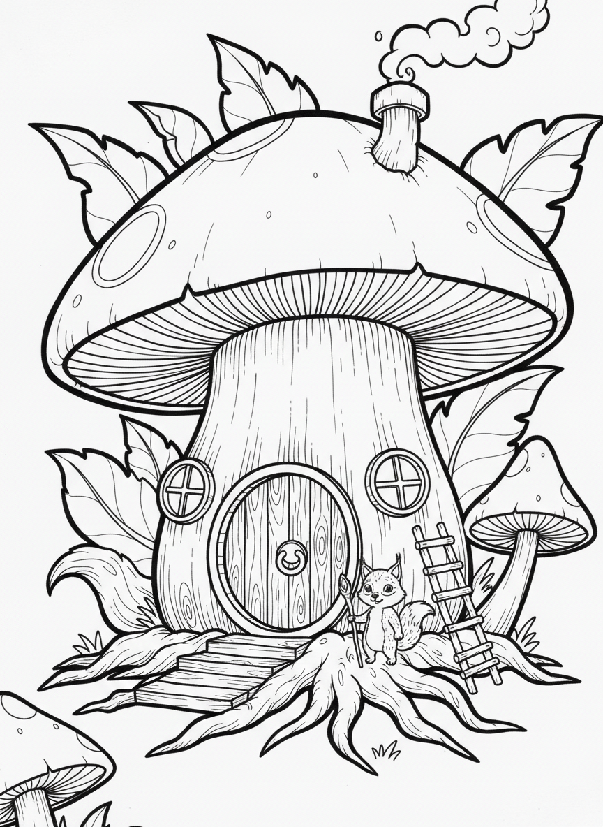 A giant mushroom house with a round door and windows, chimney on top, perfect for forest creatures to live in.