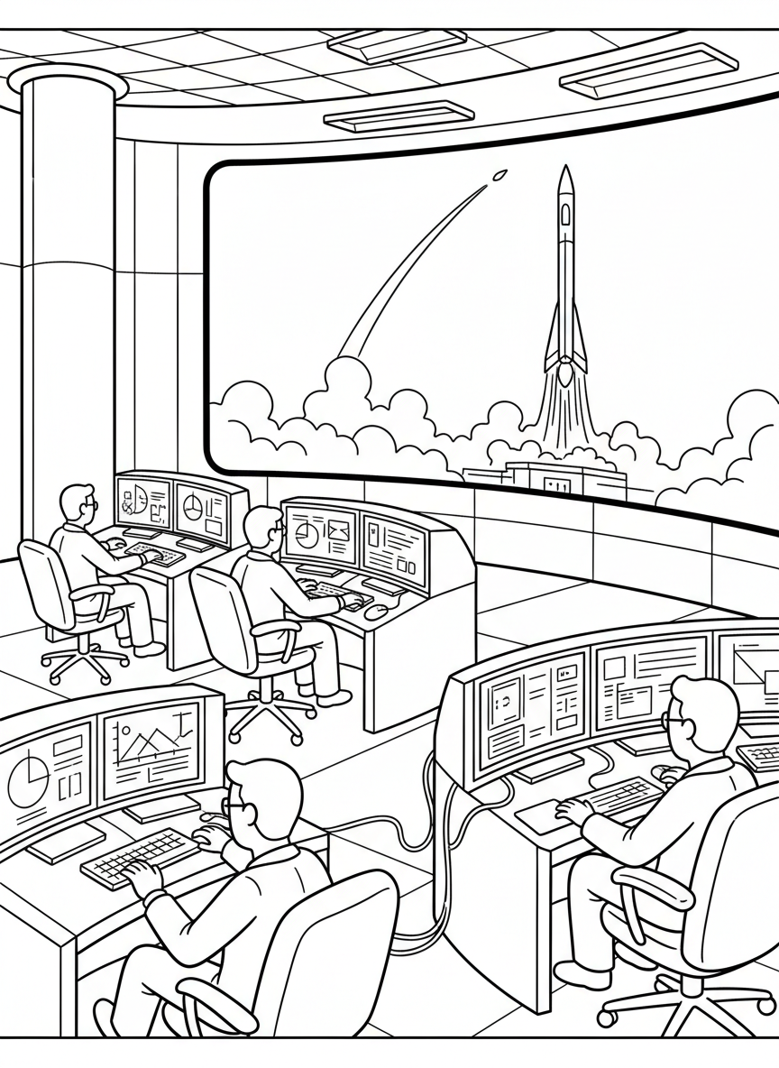 Mission control room with scientists and engineers at computer stations, watching a large screen showing a rocket launch