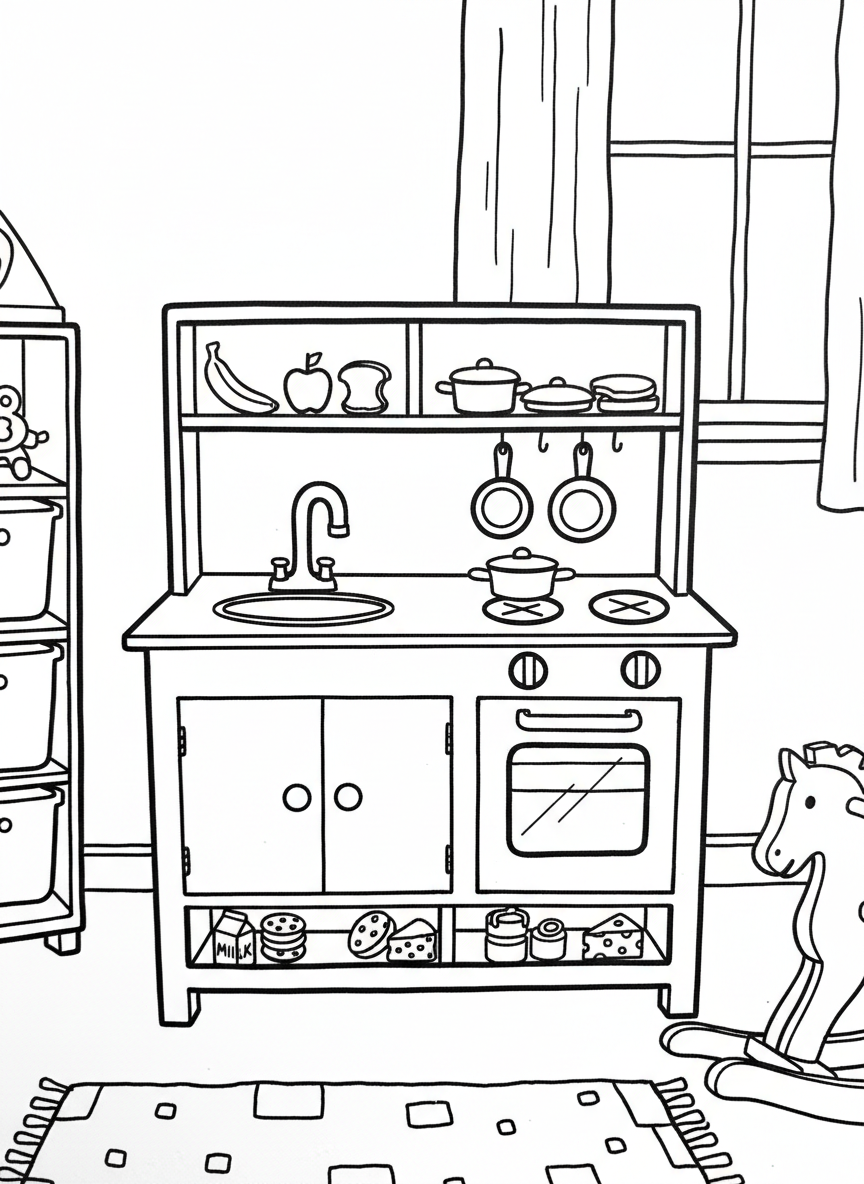 A corner play kitchen with miniature appliances, pretend food items, and tiny pots and pans on shelves