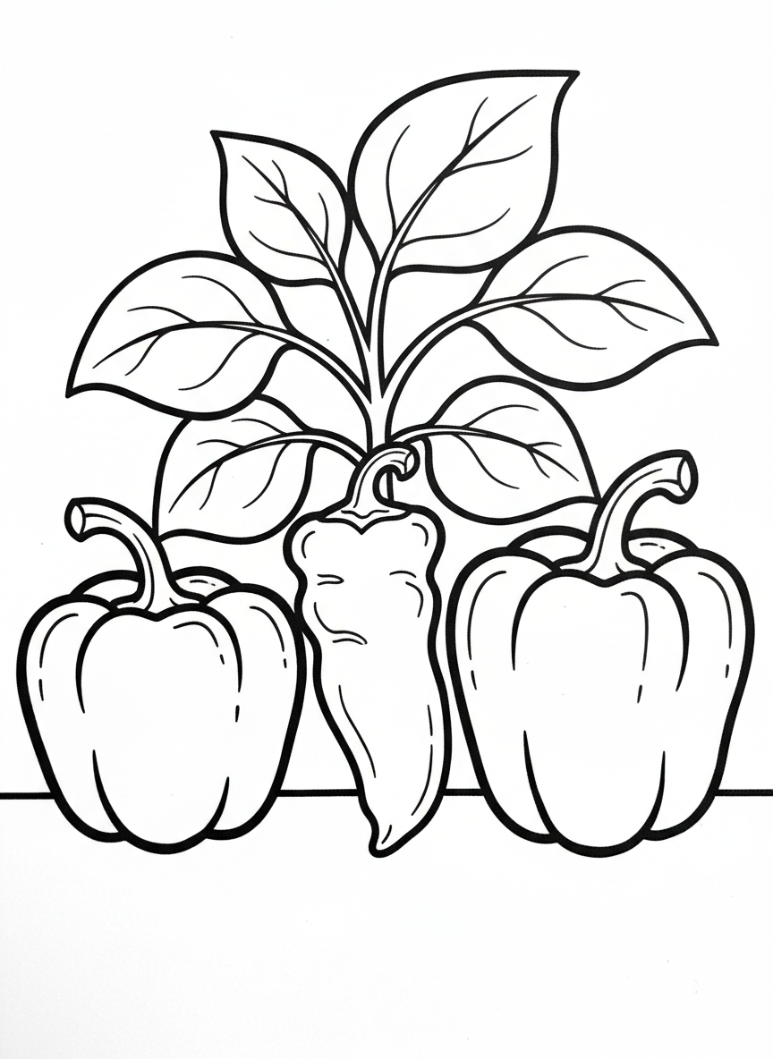 Three bell peppers of different shapes arranged together, showing their stems and natural curves, medium difficulty level