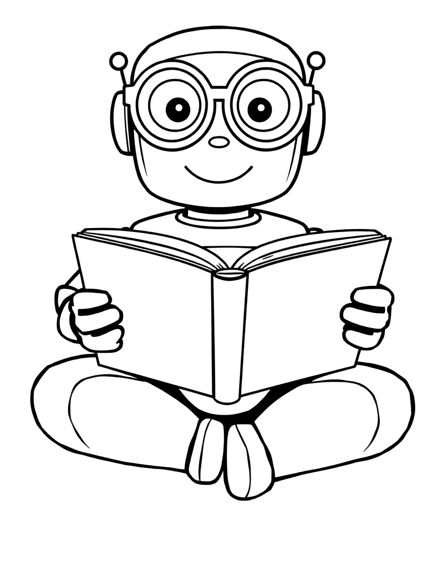 A studious happy robot wearing large round glasses, sitting cross-legged on the floor and intently reading a big, open book. A clean black and white vector illustration with smooth, thick outlines and no interior shading.