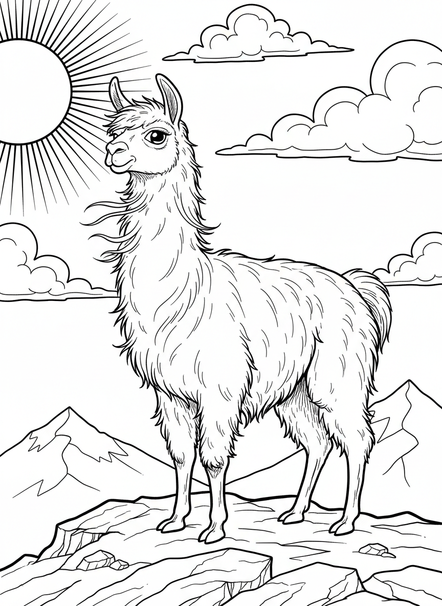 A llama standing on a hilltop with a simple sun and clouds in the sky, wind blowing through its fur.