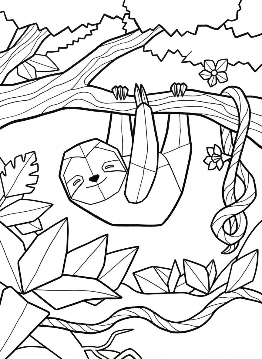 An origami sloth hanging upside down from a paper-folded branch, with simple curved body segments and peaceful expression.
