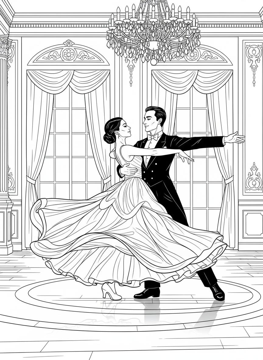 Two ballroom dancers in elegant outfits performing a waltz together, the dress swirling around them.