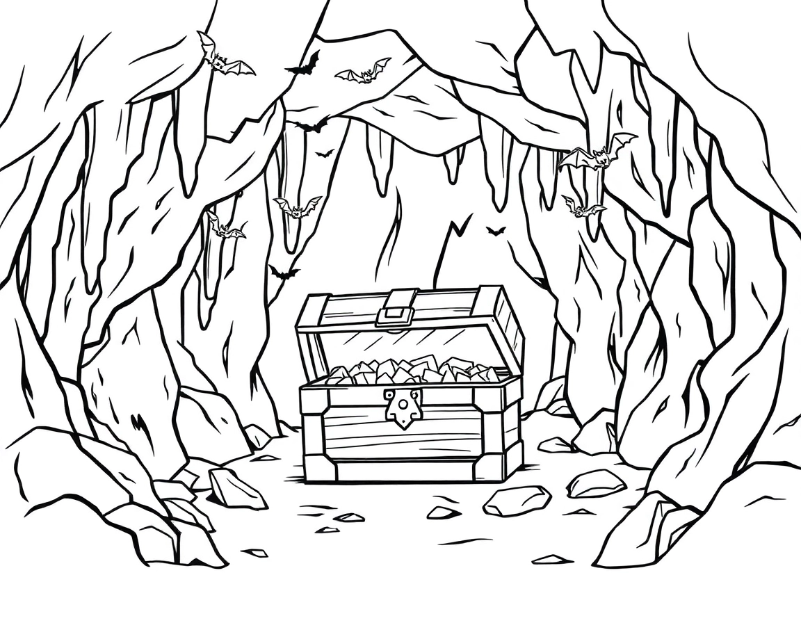 A treasure chest deep inside a rocky cave, surrounded by stalactites and bats. The chest is half open with mysterious treasure shining inside.