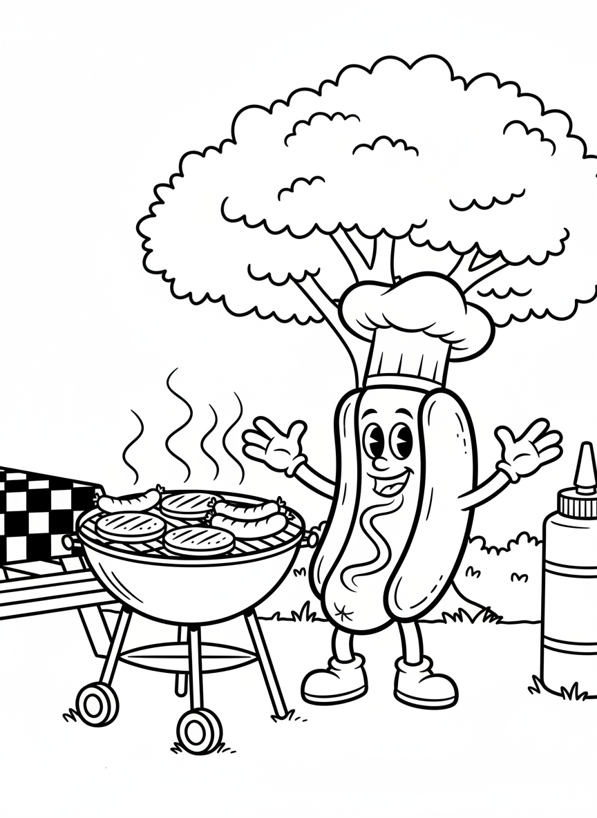A cheerful hot dog character wearing a chef's hat standing next to a smoking grill with burgers and hot dogs cooking on the grates.