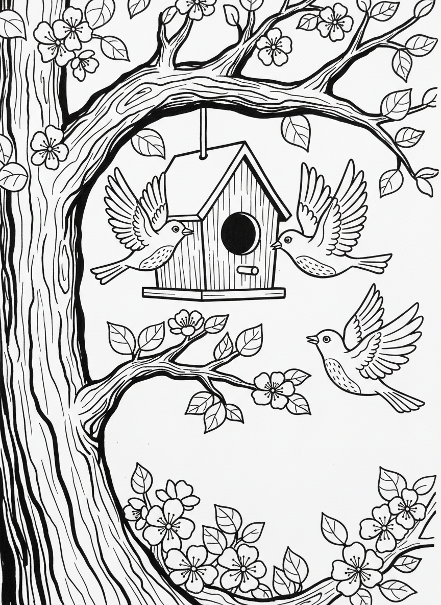 A birdhouse hanging from a tree branch with birds flying around, surrounded by fresh spring leaves and blossoms.