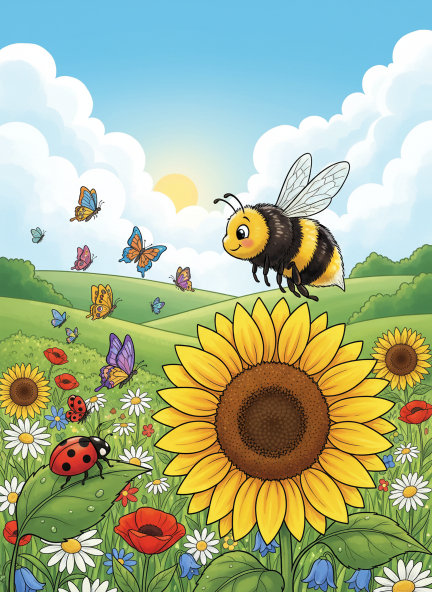 Garden friends coloring book cover, full-color illustration with butterflies, bees, ladybugs, and sunflowers in a sunny meadow. Title-safe area at top.