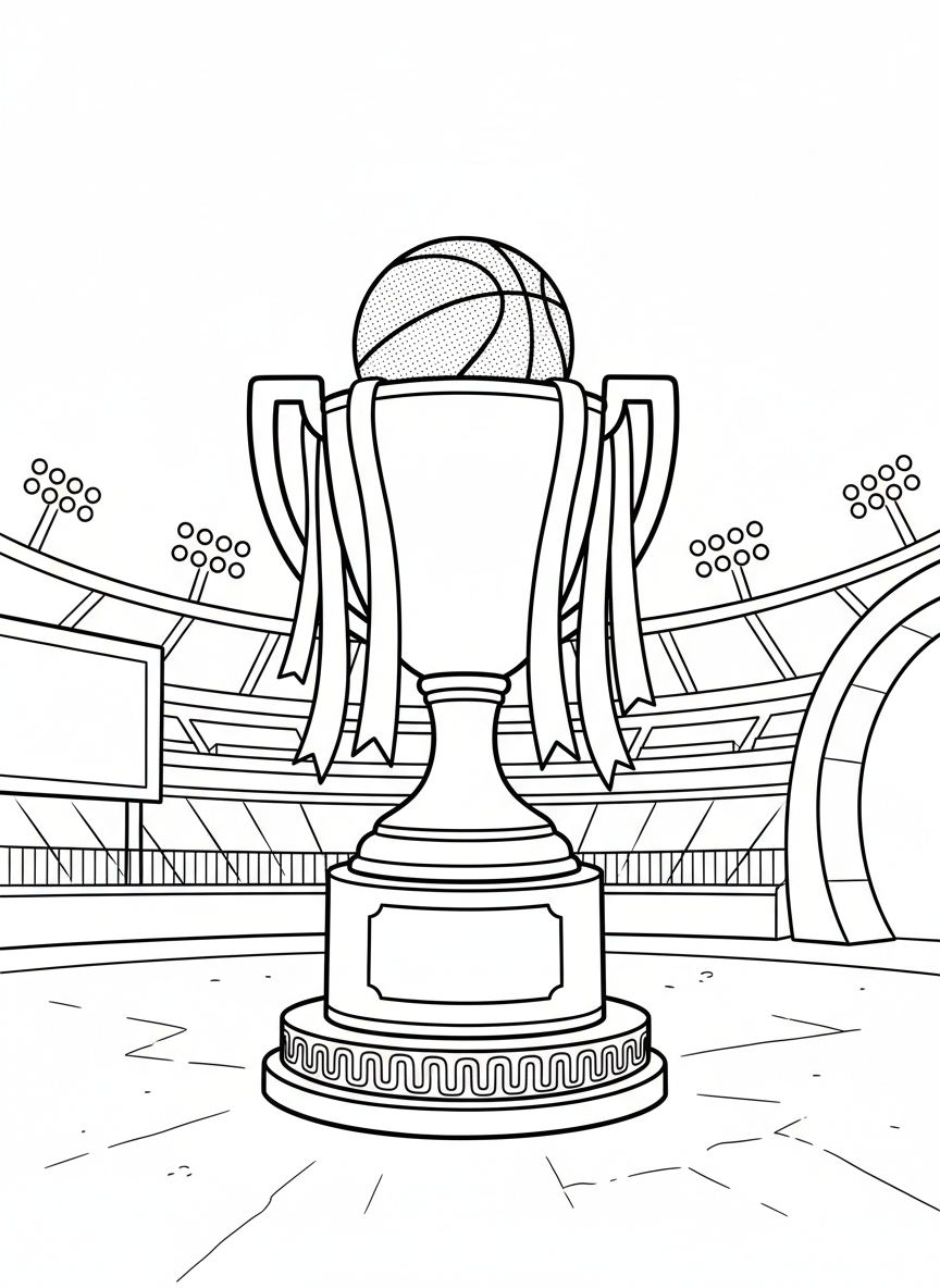 A basketball trophy on a pedestal with a ball on top, championship prize, simple design with ribbons and base.