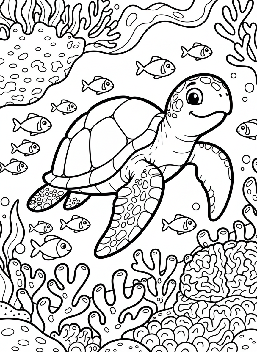 A friendly sea turtle swimming above a coral reef with small fish around it, simple line art with clear outlines for young children