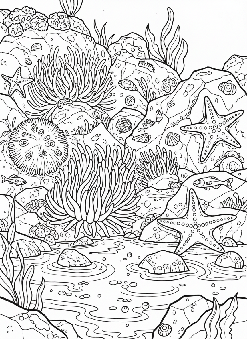 Detailed tide pool ecosystem with anemones, limpets, sea stars, and small fish in shallow water