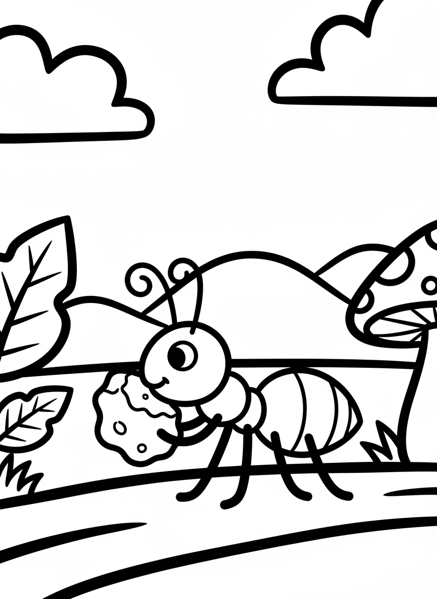 An ant carrying a crumb of food, walking in a line with simple shapes for younger kids.